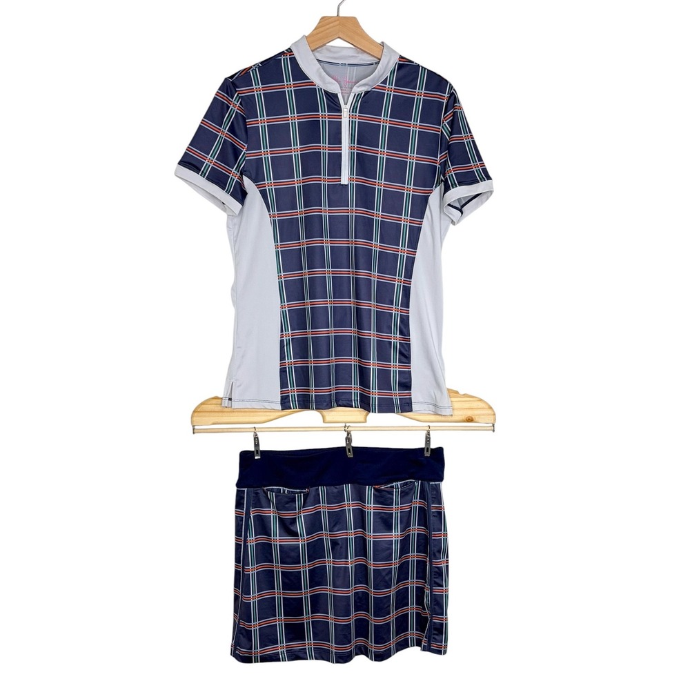 Lillie‎ Green Golf Set Medium Navy Blue Plaid Quarter Zip Polo and Skort 2 Piece